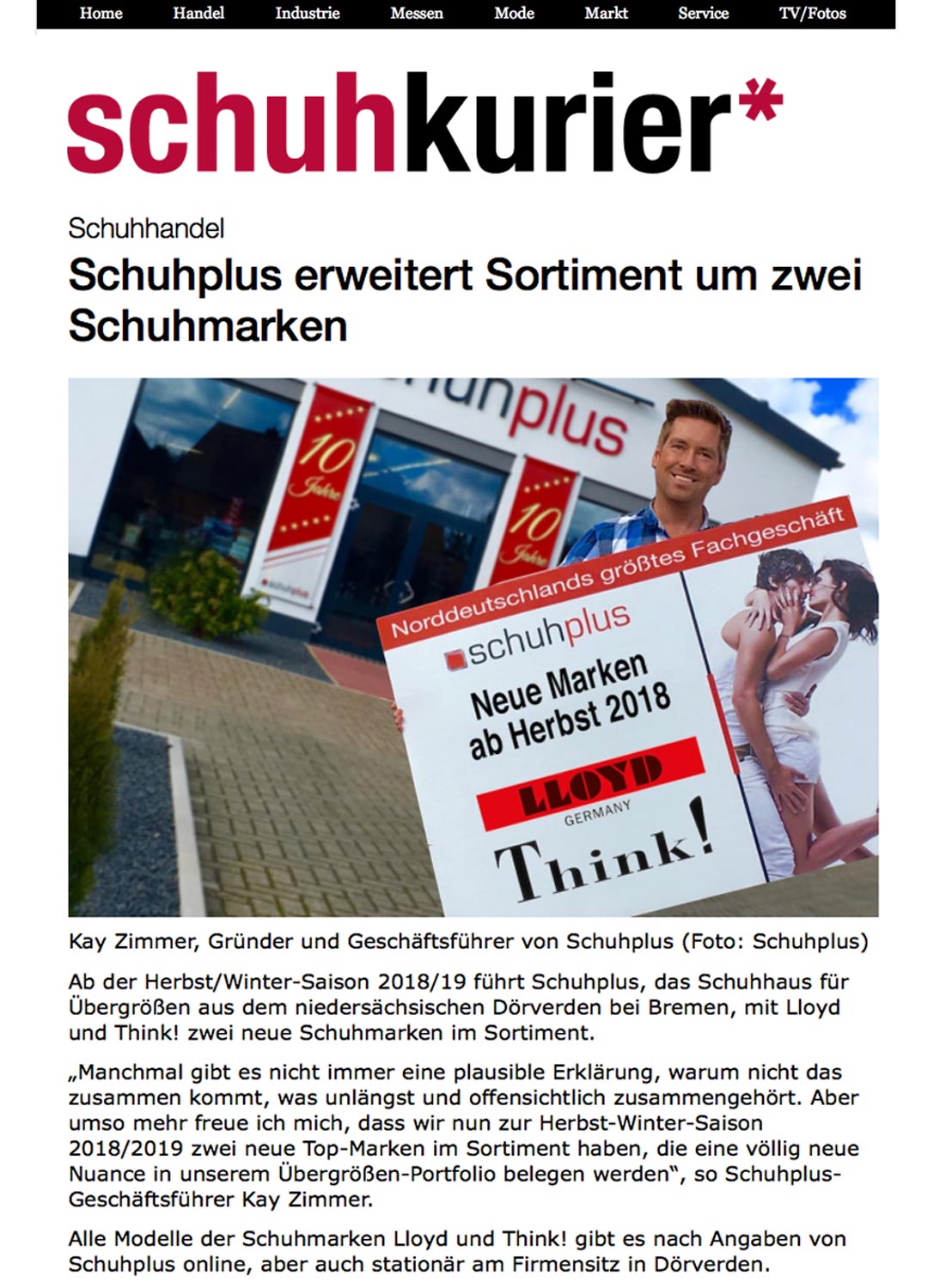 Pressebericht über Markenvergrößerung bei SchuhXL-Spezialist schuhplus im Fachmagazin Schuhkurier, Verlag Sternefeld