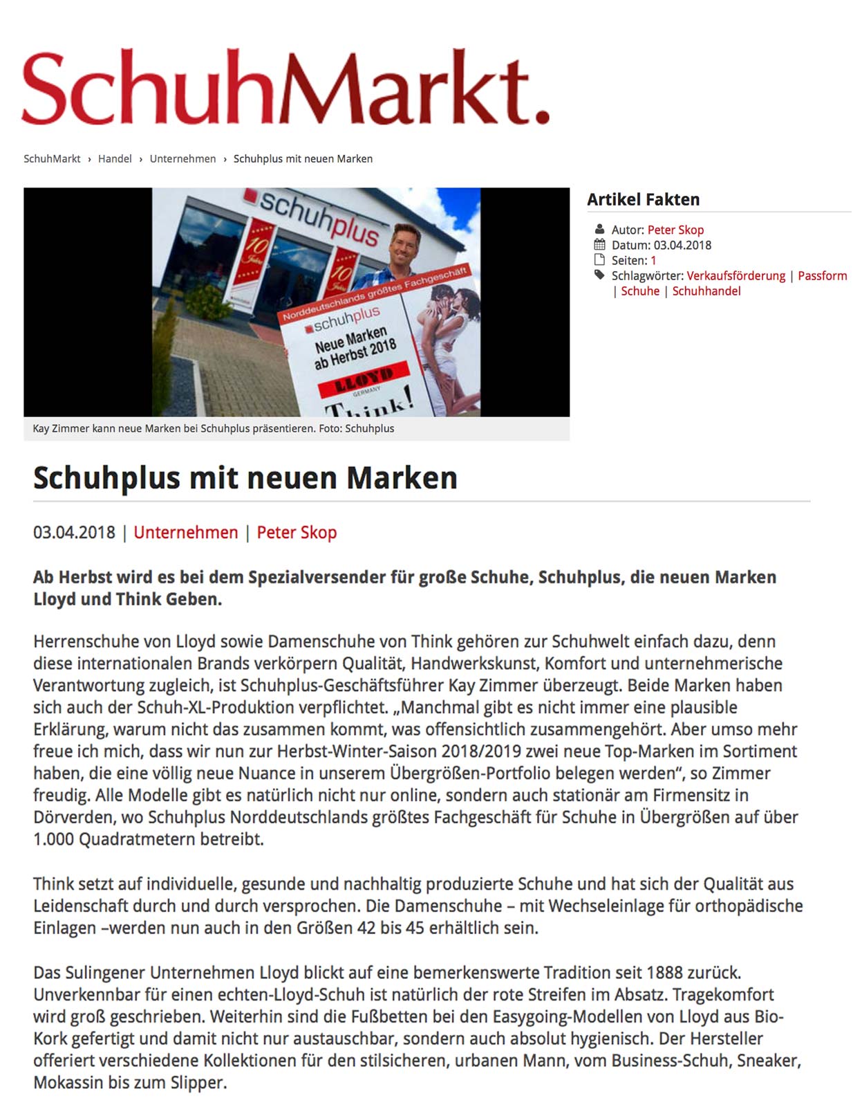 Artikel über schuhplus zur Markenerweiterung im Fachmagazin SchuhMarkt, Verlag Chmielorz (ACM Unternehmensgruppe)