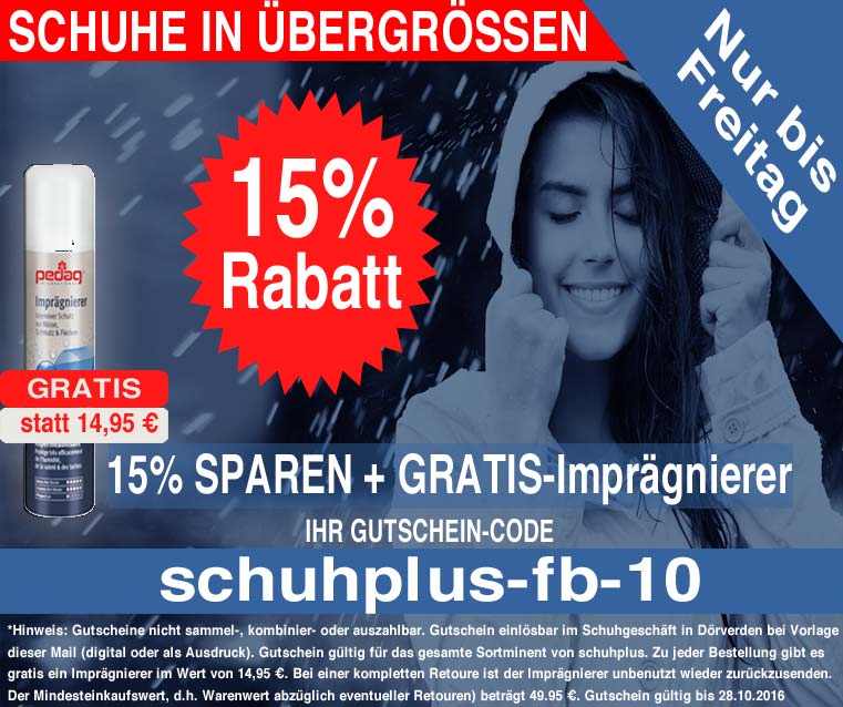 15 % Rabatt und Gratis-Imprägnierspray: Herbstaktion bei schuhplus - Schuhe in Übergrößen