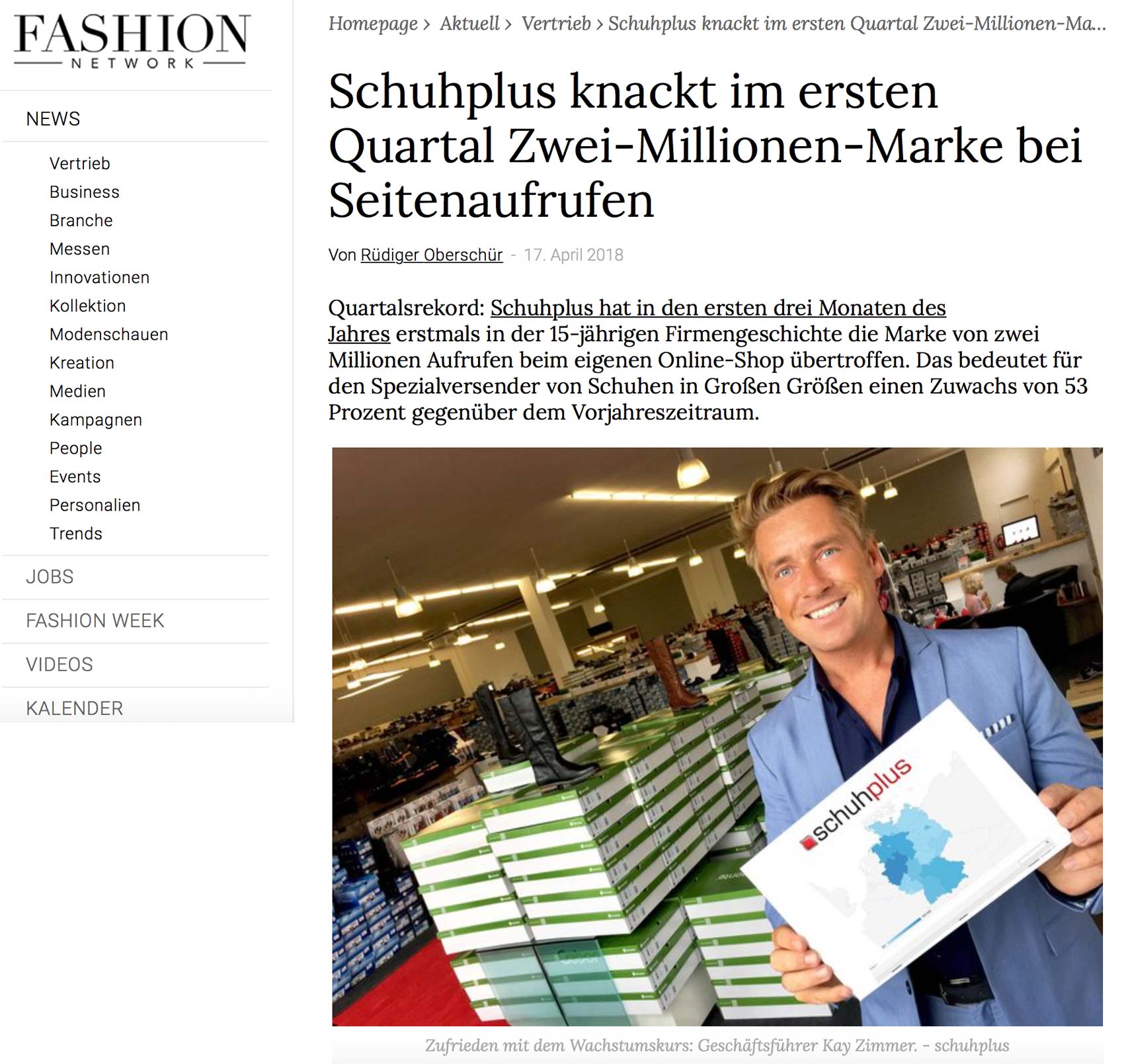 Artikel über Expansion von schuhplus bei FashionNetwork Deutschland