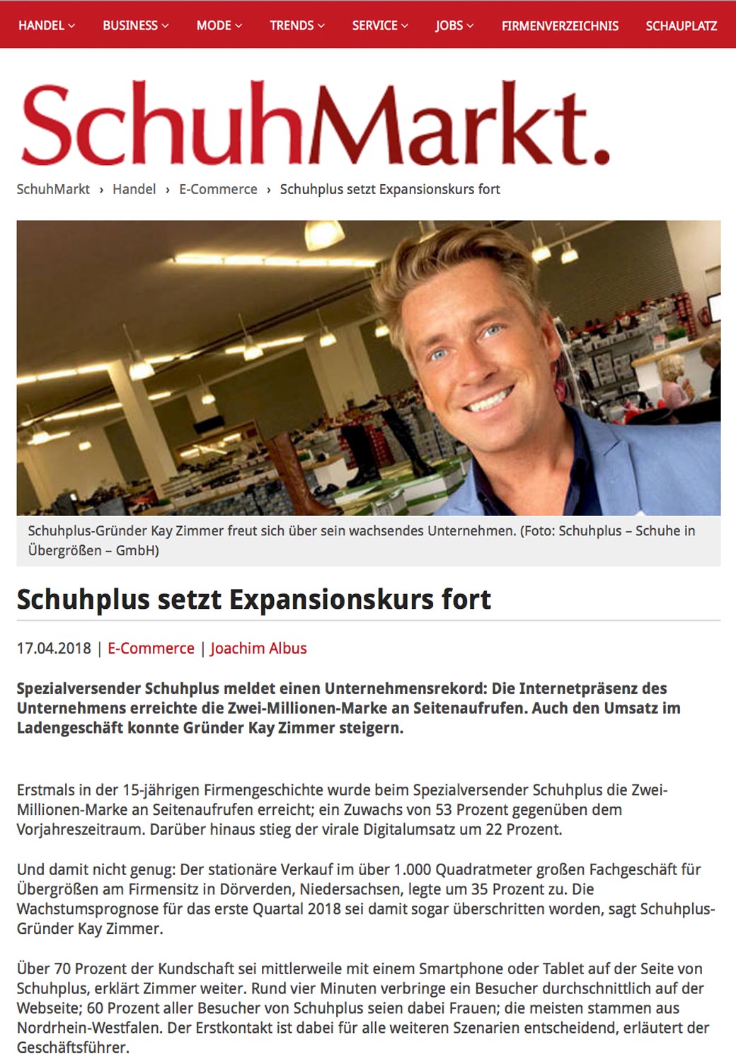 Bericht im Schuhfachmagazin SchuhMarkt zur Quartalsexpansion von schuhplus