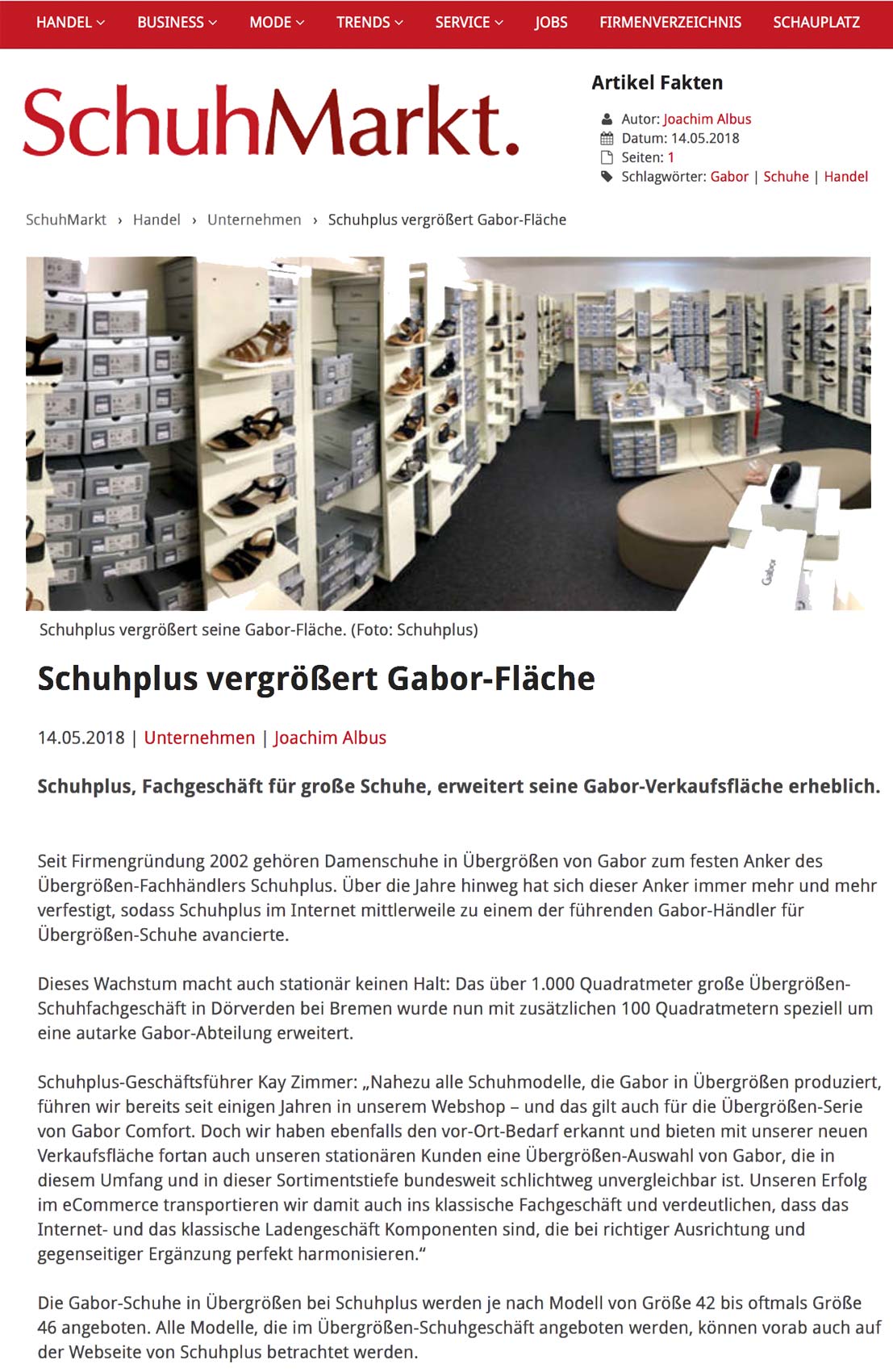 Bericht über schuhplus im Fachmagazin SchuhMarkt zur Gabor-Vergrößerung