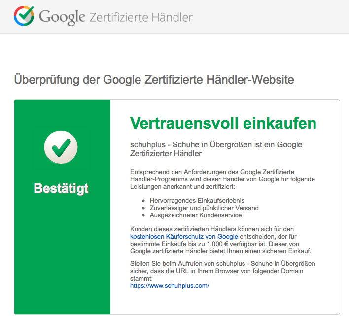 schuhplus - Schuhe in Übergrößen - erhält Auszeichnung "Google Zertifizierter Händler"