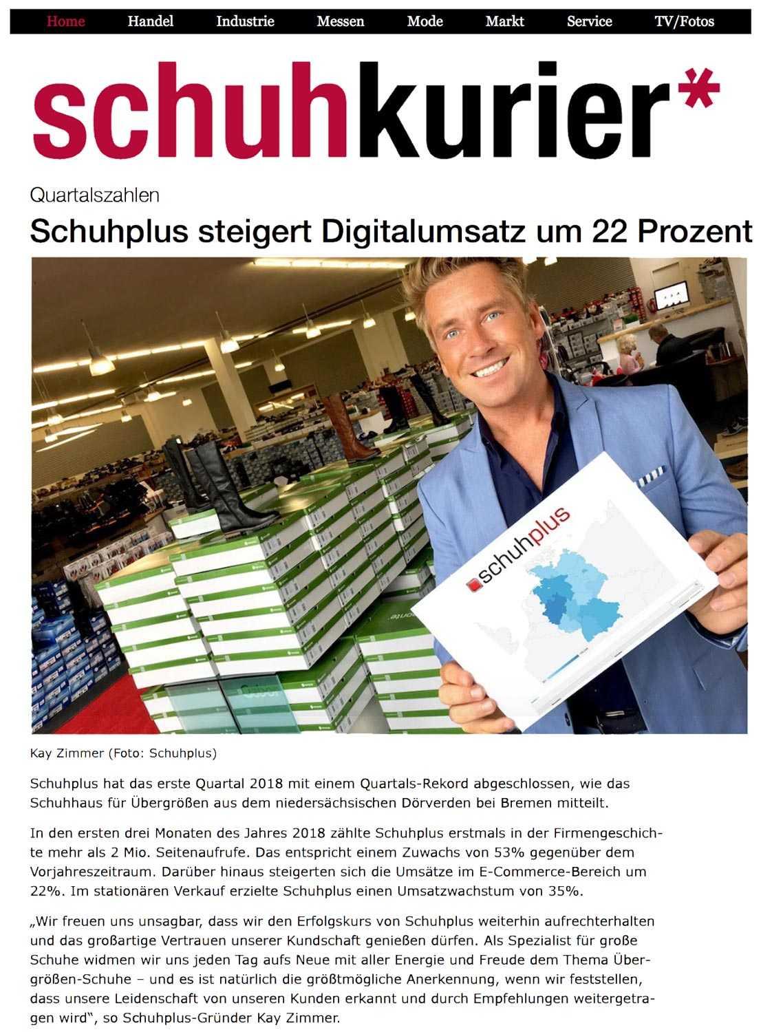 Artikel über schuhplus im Fachmagazin schuhkurier zum Wachstum im 1. Quartal 2018