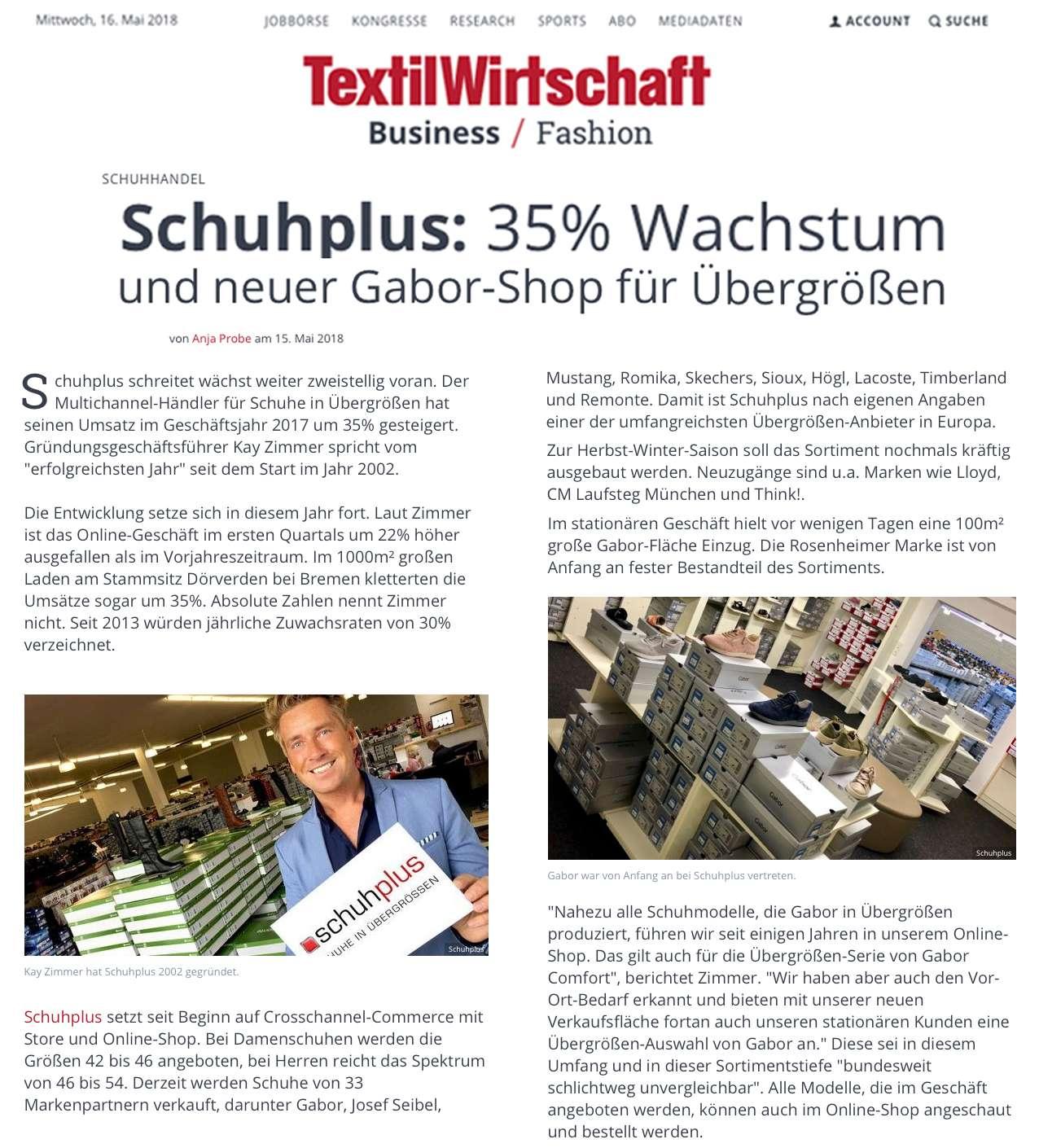 Bericht über Übergrößen-Schuhfachhändler schuhplus im Fachmagazin Textildfv MediengruppeWirtschaft (dfv Mediengruppe)