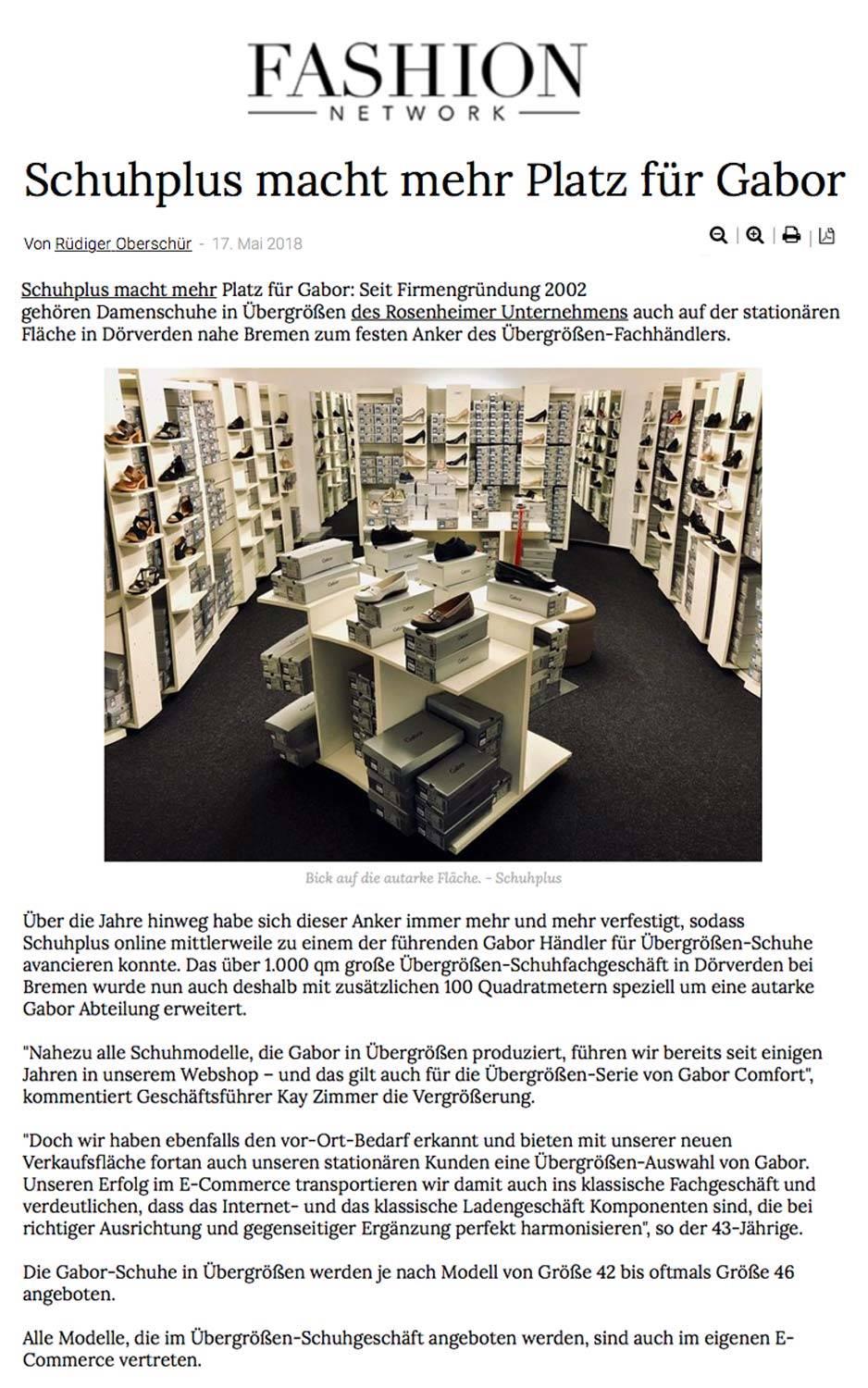 Artikel über die Gabor-Shop Erweiterung von schuhplus bei FashionNetwork Deutschland