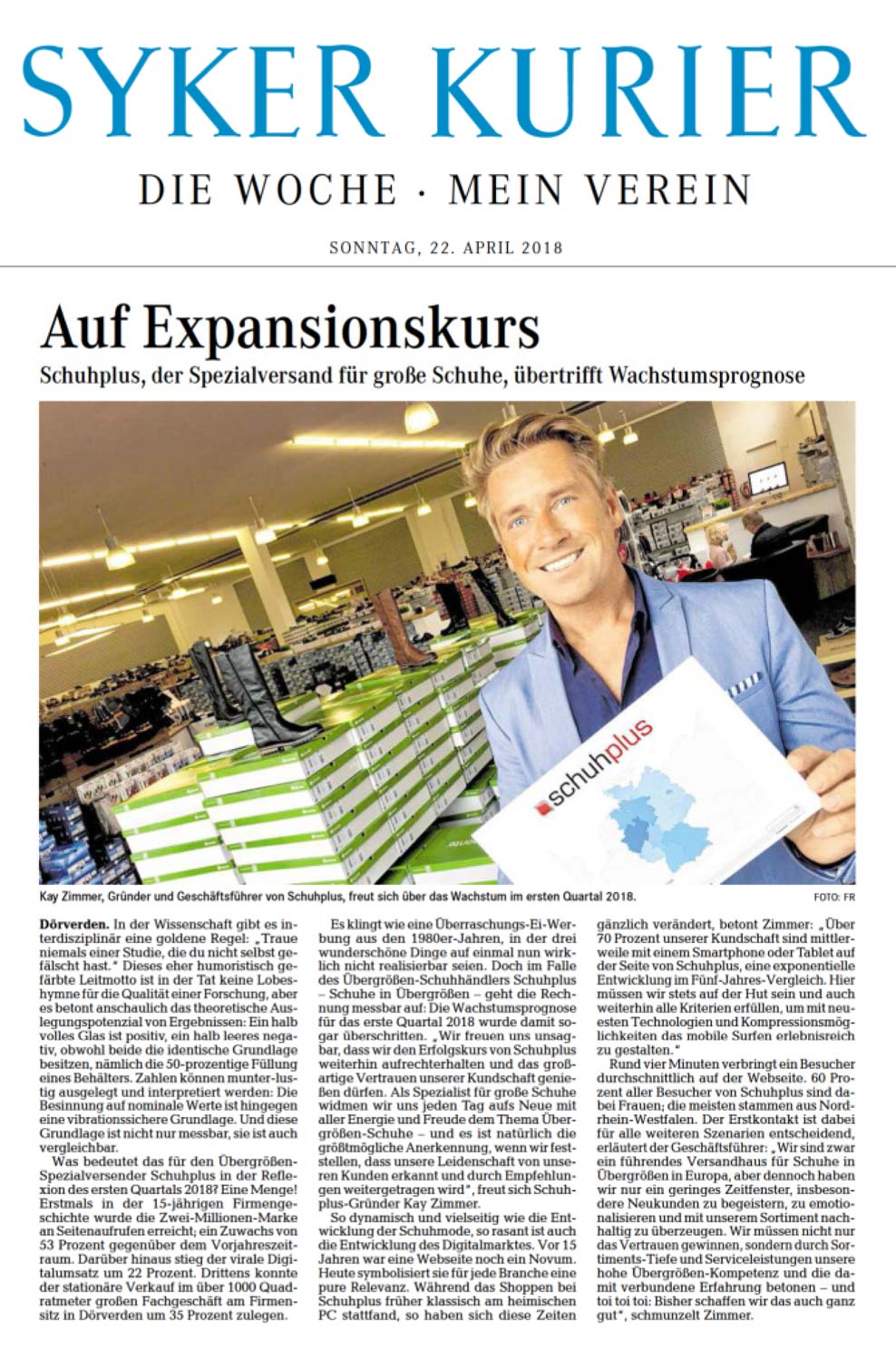 Bericht in der Zeitung "Syker Kurier" zum Expansionskurs von Kay Zimmer und sein Unternehmen schuhplus - Schuhe in Übergrößen - aus Dörverden