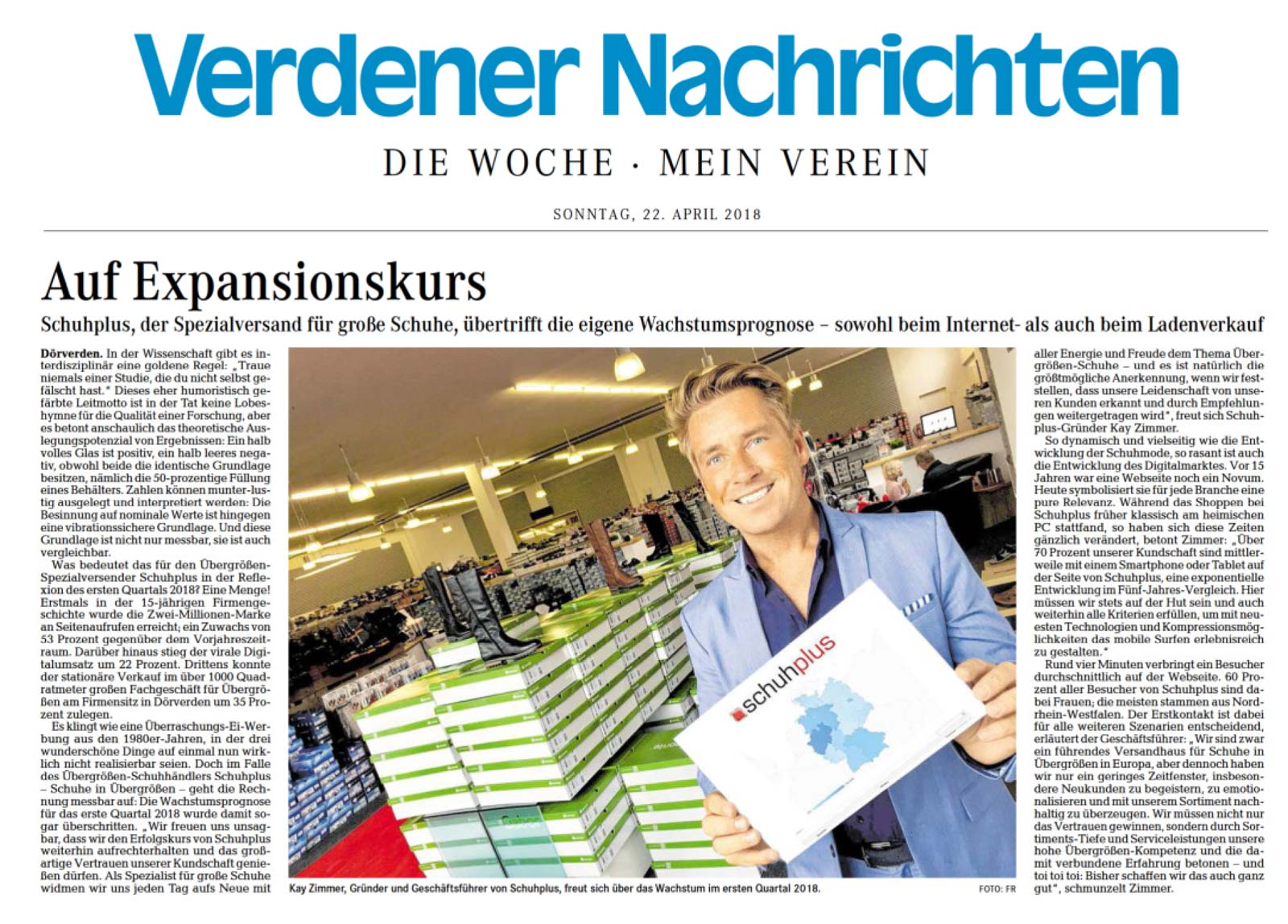 Zeitungsartikel über Kay Zimmer in den ‚Verdener Nachrichten‘ zur Expansion seines Unternehmens schuhplus